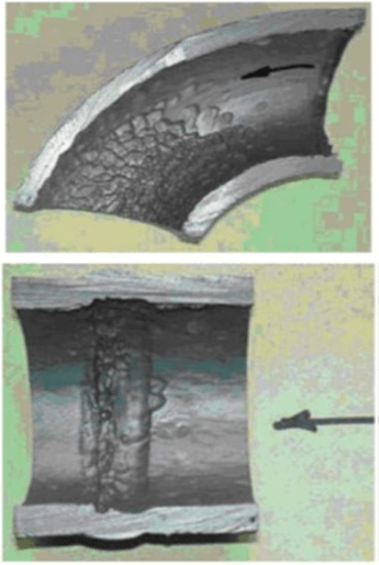 Erosie-corrosieschade aan de binnenwand van een pijp. De hoefijzervormige sporen kunnen worden waargenomen. Piping Design: wat is erosie corrosie?