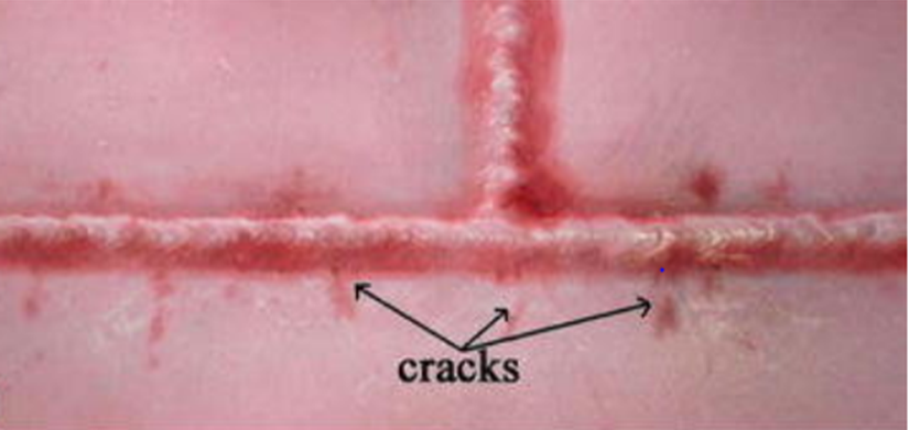 A dye penetrant test is conducted to investigate the formation of cracks in the weld seam and heat-affected zone